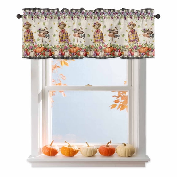 Fall Scarecrows Valances for Windows, 54 x 18in, Pumpkin Welcome Grape Flower Linen Rod Pocket Kitchen Valance Curtain Light Filtering Window Treatments for Living Room Bedroom, 1 Panel