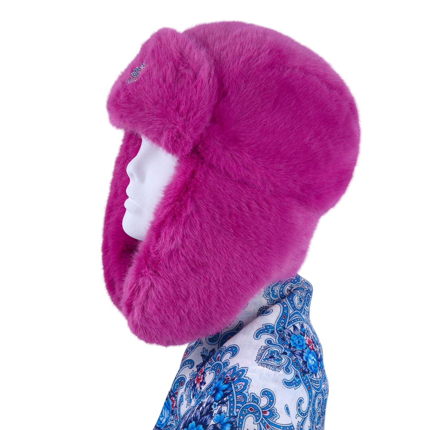 STP GOODS Raspberry Pink Faux Rabbit Fur Women's Earflap Hat with Clasp Trapper Hat for Women Ushanka Hat with Brooch Aviator Trapper Hat Winter Hat with Earflaps, One Size