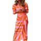 thumbnail image 1 of VISgogo Vestido casual para mujer, cuello de solapa, cuello en V, manga larga, contraste de color, estampado, corte alto, vestidos con cordones VISgogo  moda, 1 of 3