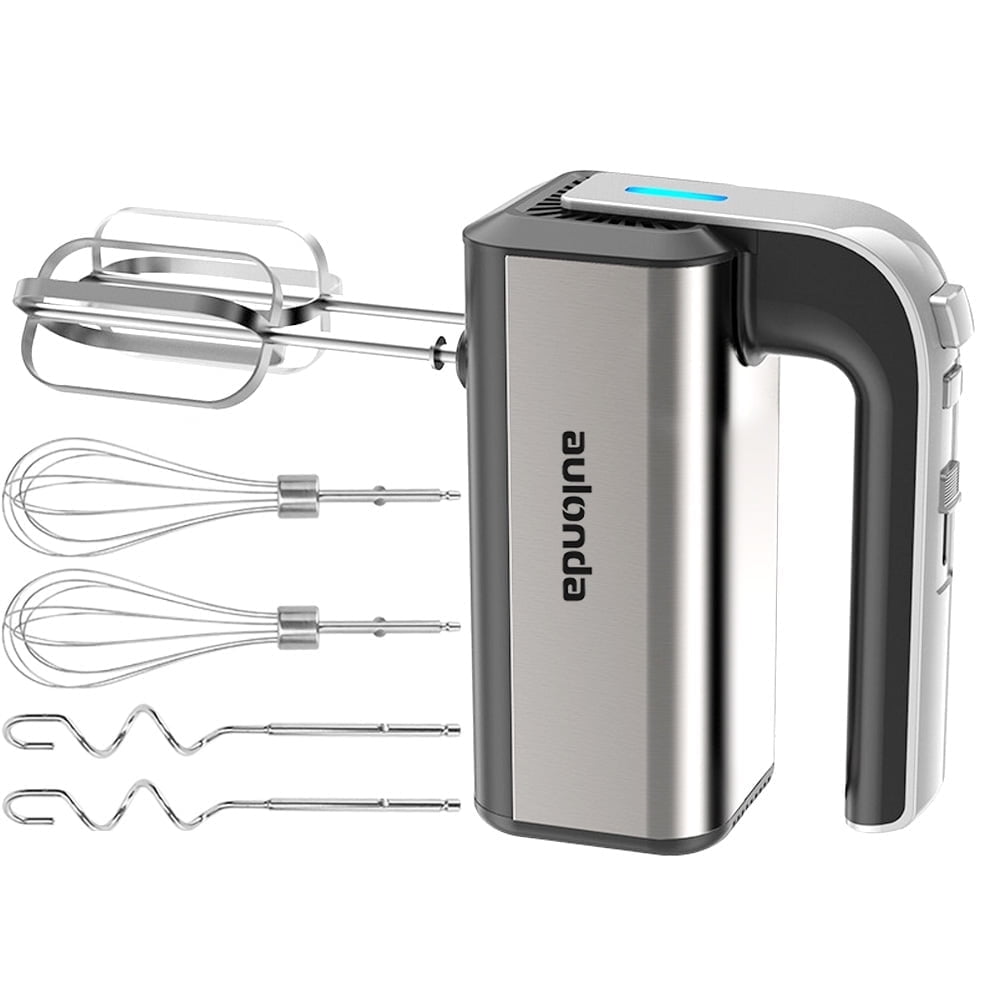 Aulonda 5 Speed Hand Mixer with Turbo Boost,Stainless Steel Kitchen Handheld Mixer Includes 6 Attachments,One-touch baking,Silver