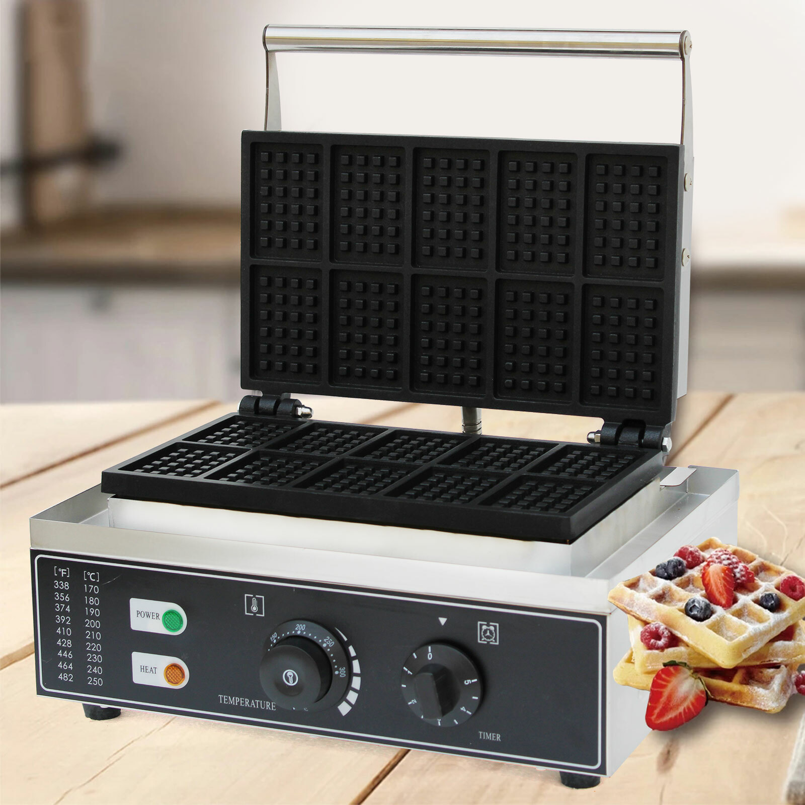 Commercial Square Waffle Maker, 10 Grids 1500W Electric Waffles Maker Stainless Steel Belgian Waffle Iron Nonstick Waffle Machine for Restaurant, Snack Bar, Bakery, Home