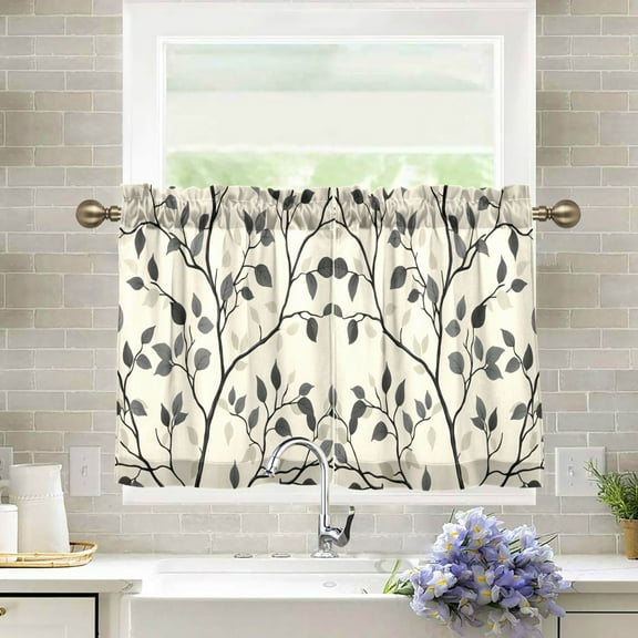 Yayeee Kitchen Curtains Tier Pair Light Filtering 27"x24" Rod Pocket Short Cafe Window Panel, Leaves Pattern