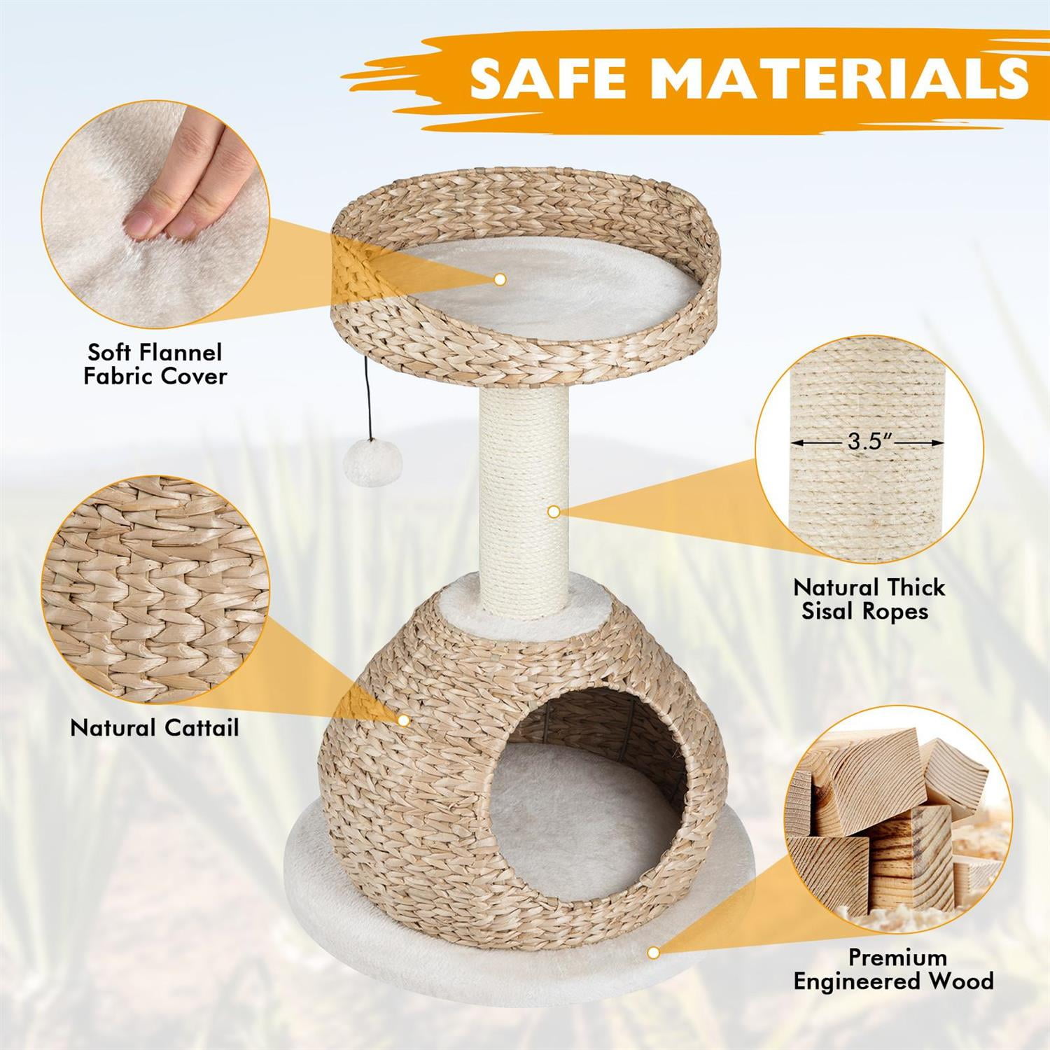 Pefilos 28" Hand-Made Cat Tree, Jump Platform & Sisal Scratching Post, Cat House & Rattan Weave, White
