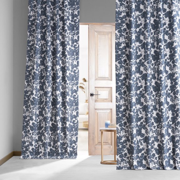 Fleur Blue Printed Cotton Hotel Blackout Curtain (1 Panel), Fleur Blue, 50W X 108L