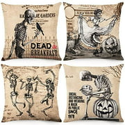 CDWERD Vintage Halloween Pillow Covers 18x18 Inch Set of 4 Skull Throw Pillowcase Halloween Decor Linen Cushion Case for Couch Sofa Home