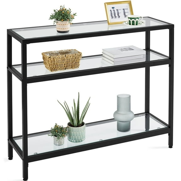 Topeakmart 3-Layer Tempered Glass Console Table with Metal Frame and Storage Shelf, Black