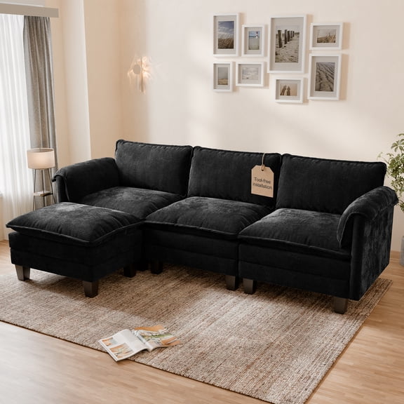 WACASA 120" Oversized Modular Sectional Sofa with 1 Movable Ottoman, 4-Seat L-Shaped Chenille Deep Seat Cloud Couch for Living Room, Black