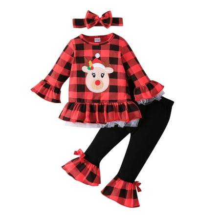 

Rovga Outfit For Children Toddler Girls Christmas Long Sleeve Plaid Deer Prints Tops Bell Bottoms Pants Outfits