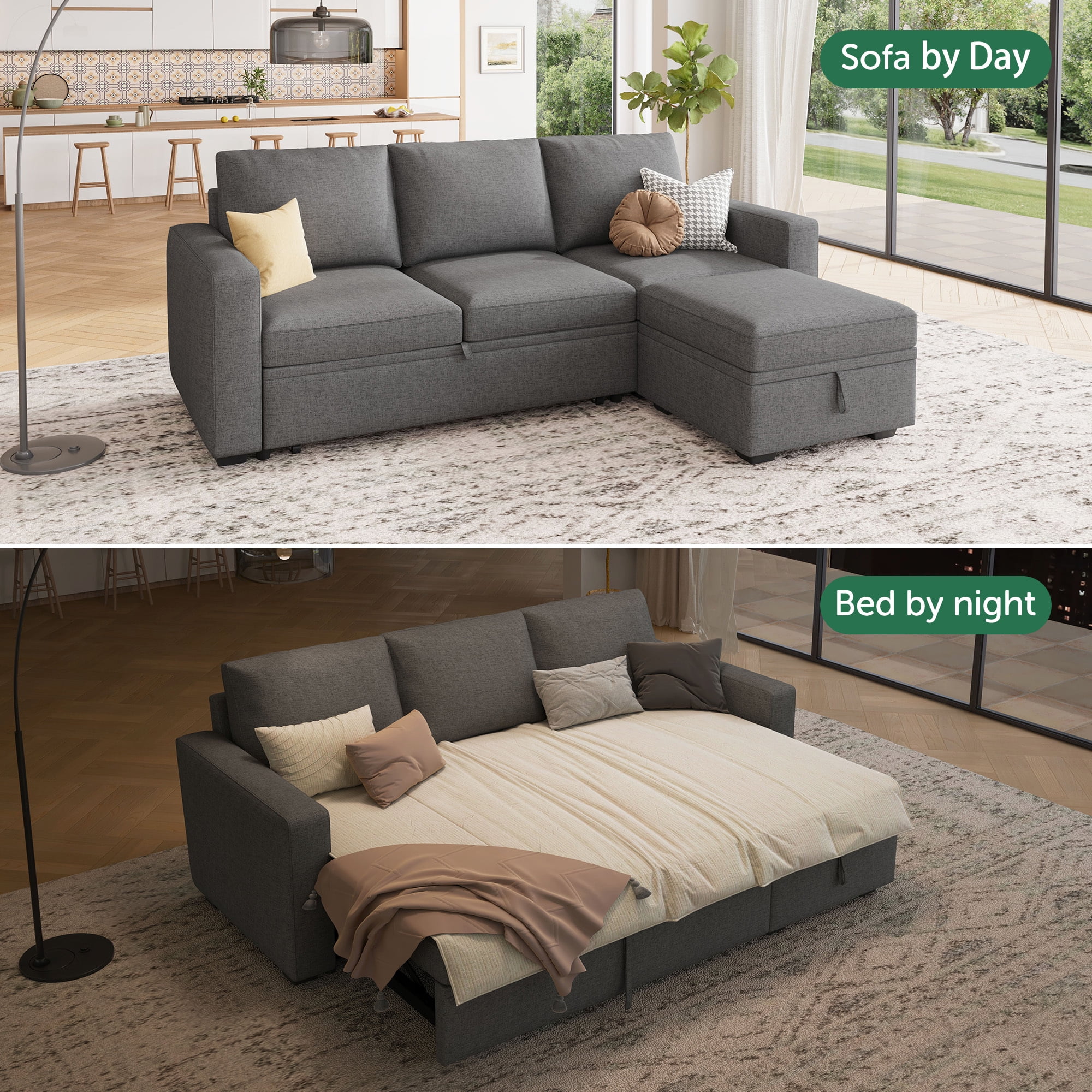 HONBAY 79" Reversible 3 Seat Compact L Shaped Sectional Sleeper Sofa with Pull Out Bed and Storage, Breathable Linen Gray
