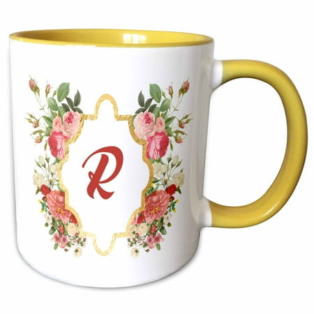 Yellow Gingham Hanging Letter - 3dRose Chic Monogram Letter R In A Gold Flowered Frame On White - Two Tone Yellow Mug, 11-ounce