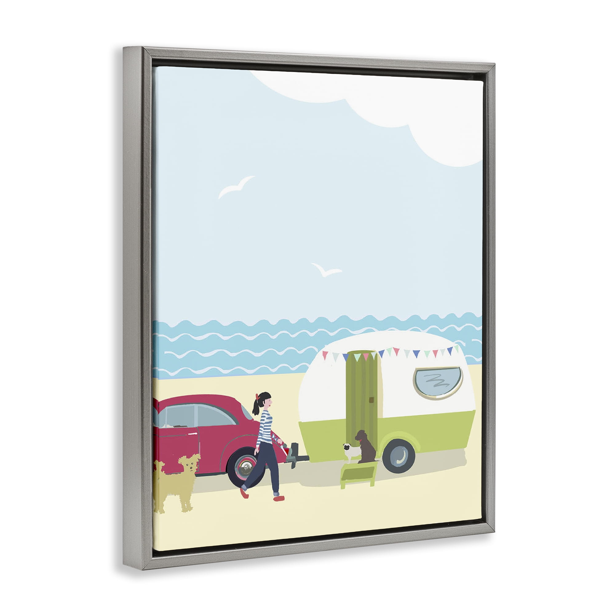 Stupell Industries Beach Day with Dogs Nautical & Beach Painting Gray Floater Framed Canvas Art Print Wall Art, 17 x 21