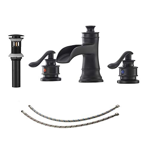 Two-Handle Widespread Bathroom Faucet Black Bathroom Faucet 8 Inch 3 Holes Waterfall Bath Sink Lavatory Supply Lines Hose Lead-Free Mixer Tap by Bathfinesse