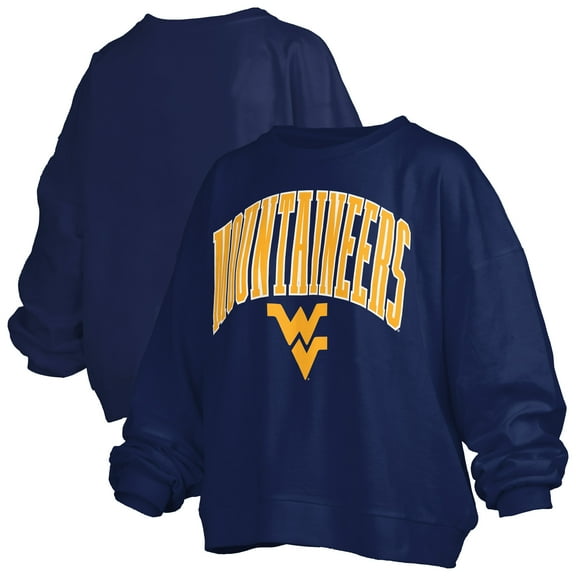 Women's Pressbox Navy West Virginia Mountaineers Janise Arch Over Logo Waist Length Oversized Pullover Sweatshirt