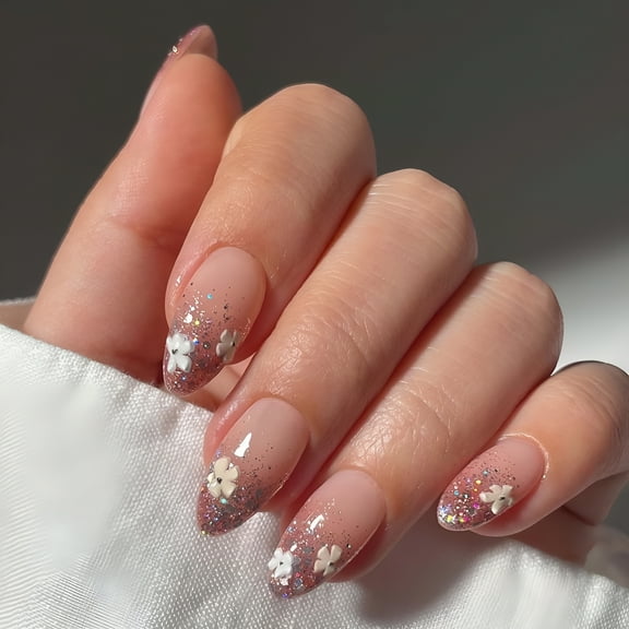 RAGUPEL Nude Press on Nails Short Almond, Fake Nails French Tips Glitter Full Cover, Glue on Nails with Star Design Acrylic Artificial Nails Glossy Stick on Nails for Women and Girls