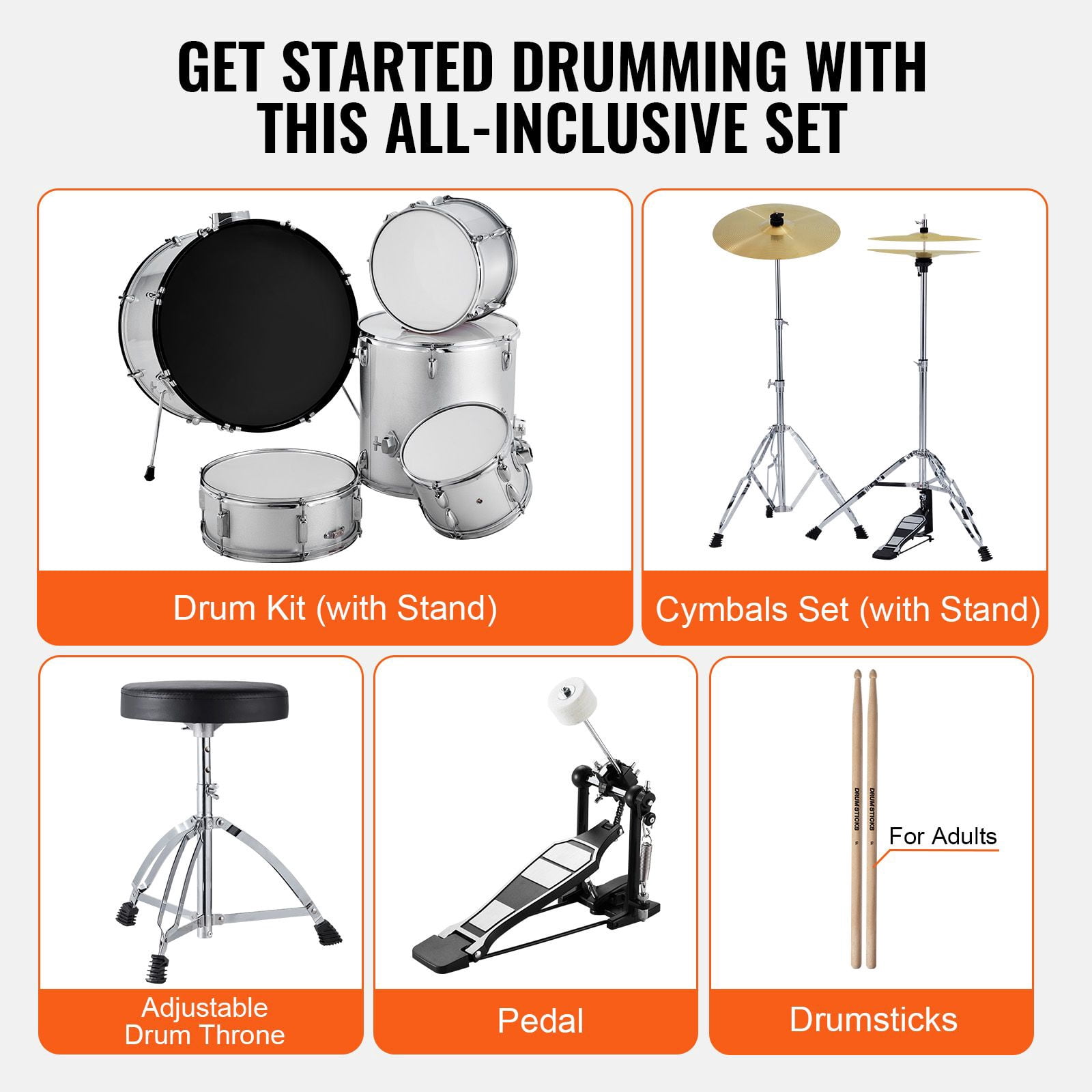 Adult Drum Set, 5-Piece, 22 inches Complete Full Size Drum Kit with Bass Toms Snare Floor Drum Adjustable Throne Stands Cymbal Hi-Hat Pedal and Drumsticks, Beginner Drum Kit for Adults, Silver