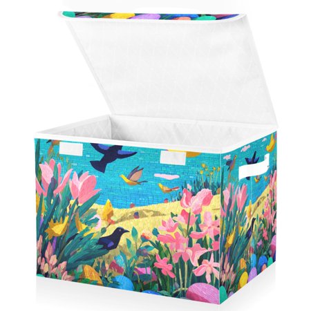 Foldable Fabric Storage Bin With Handle Collapsible Basket Box Storage With Lid Organizer Colorful Easter Egg
