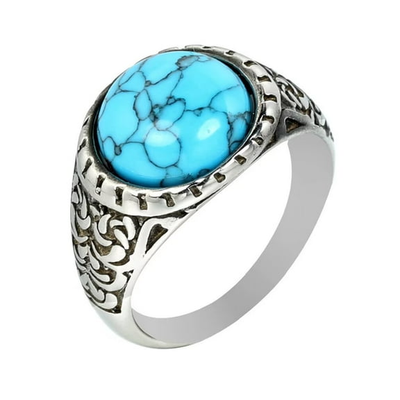 PAMTIER Men's Women's Stainless Steel Trendy Vintage Round Gemstone Statement Ring Silver Lake Blue Size 13
