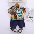 thumbnail image 2 of Otqutp Kids Party Outfits Set Toddler Boy Clothes Short Sleeve Leaves Printed Lapel Buttons Shirt Pockets Shorts Set Gentleman Outfits Set, 2 of 9
