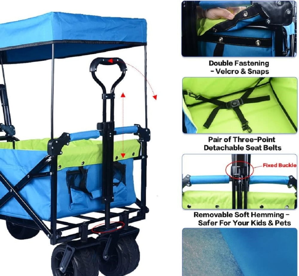 Collapsible Wagon Wagon Cart with Removable Canopy, Heavy Duty Foldable Beach Wagon with  All Terrain Wheels and Brake, Adjustable Push Pull Handle, 220LBS Cooler Bag Utility Carts for Outdoor