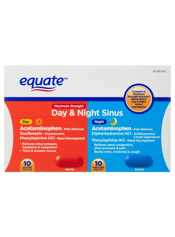 Equate Maximum Strength Day & Night Sinus Relief Caplets, 20 Count