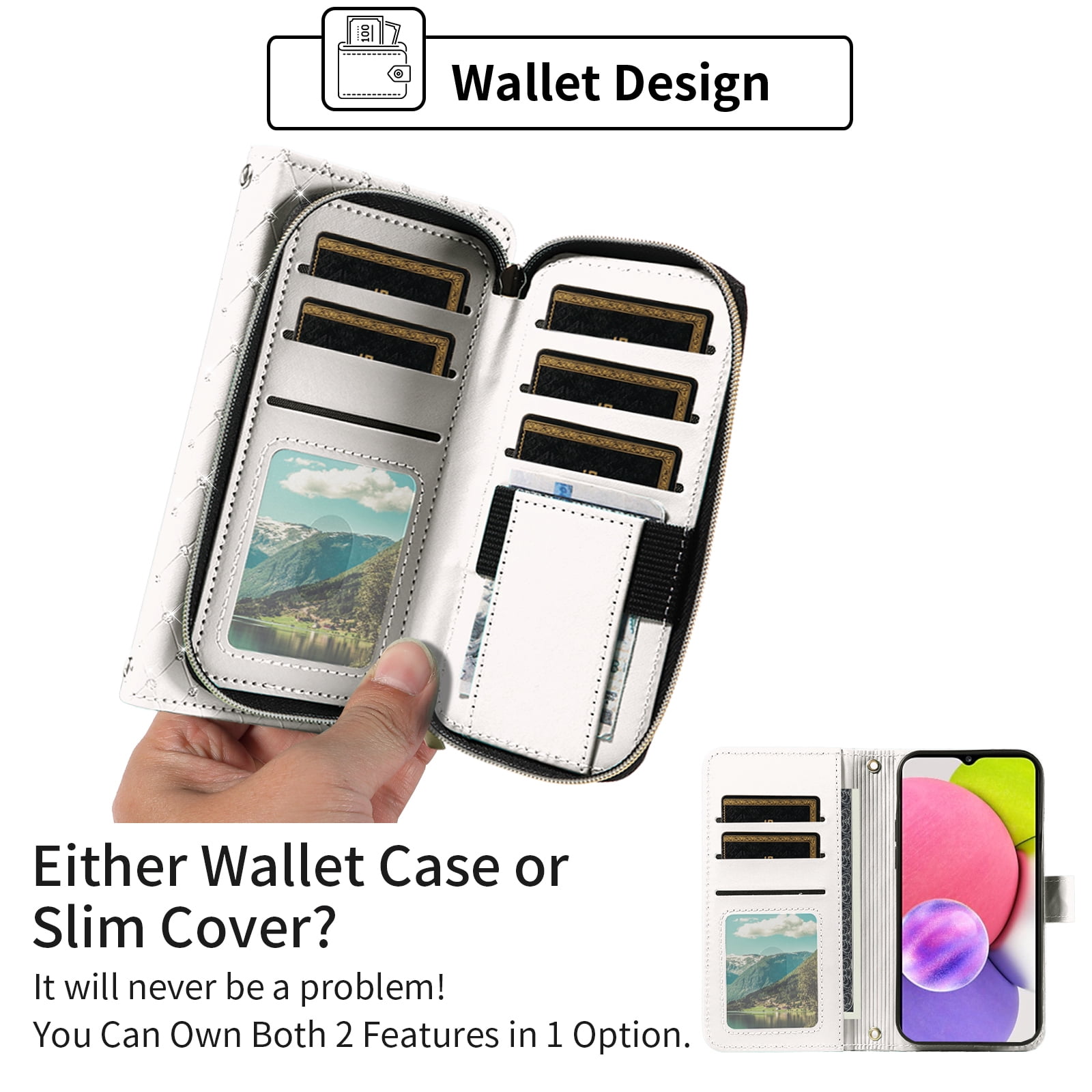 Asuwish Wallet Phone Case for Samsung Galaxy A03s US Version 5G 2022 Tempered Glass Screen Protector Bling Glitter Crossbody Lanyard Strap Flip Zipper Purse Card Holder Cell Cover 03s SM-A037U White