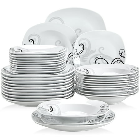

VEWEET Zoey 36 pieces Porcelain Dinner Sets Ivory White Black Decals Round of 12 * 9.75 Dinner Plate 12 * 7.5 Dessert Plate 12 * 8.5 Soup Plate