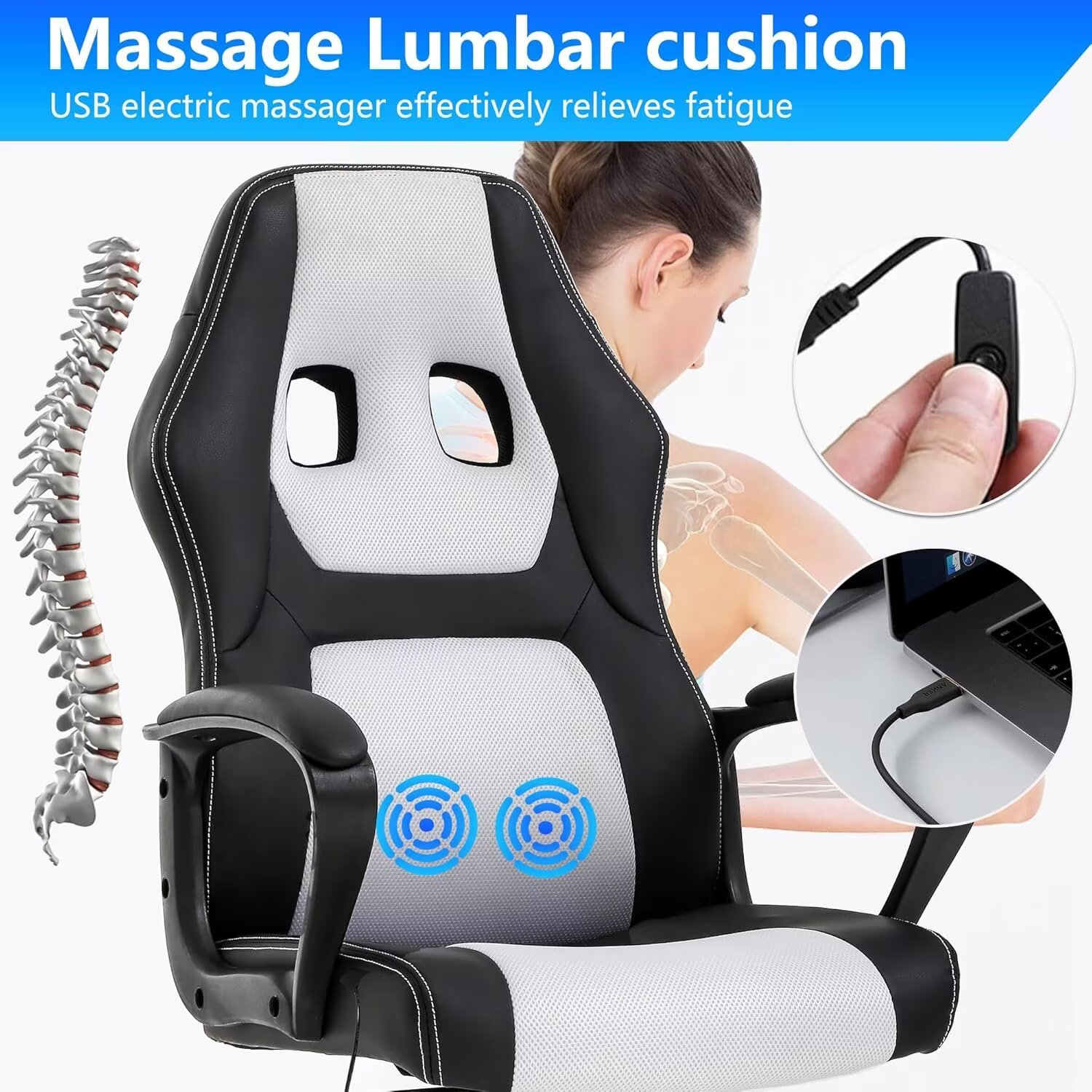 YRLLENSDAN Adjustable Gaming Chair Ergonomic Leather with Massager, Rolling Home Office Desk Chairs With Armrest and Lumber Support, Comfortable Computer Chair with Wheels for Adults, White