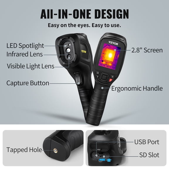 Wide Temperature Thermal Camera, 320 x 240 Pixels Resolution, 25Hz Speed, -4°F to 752°F, 32GB SD Card, Rechargeable Li-ion Battery Powered