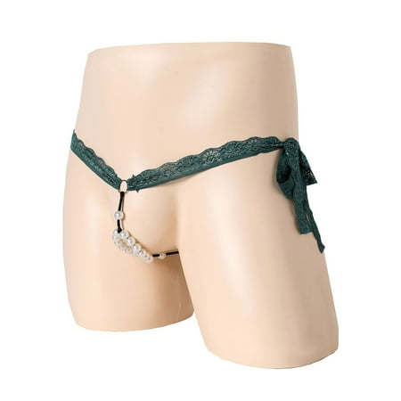 Deals of The Day Clearance TMOYZQ Mens Thong Lace Low Rise Pearl Ring Holes T-Back Thong Valentine s Day Romantic G-String Briefs Underwear