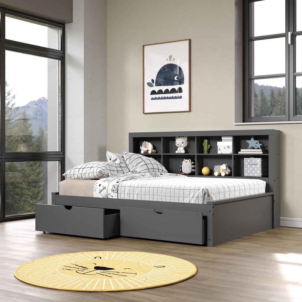 Donco Kids Bookcase Full Daybed with Dual Underbed Drawers, Full, Dark Grey
