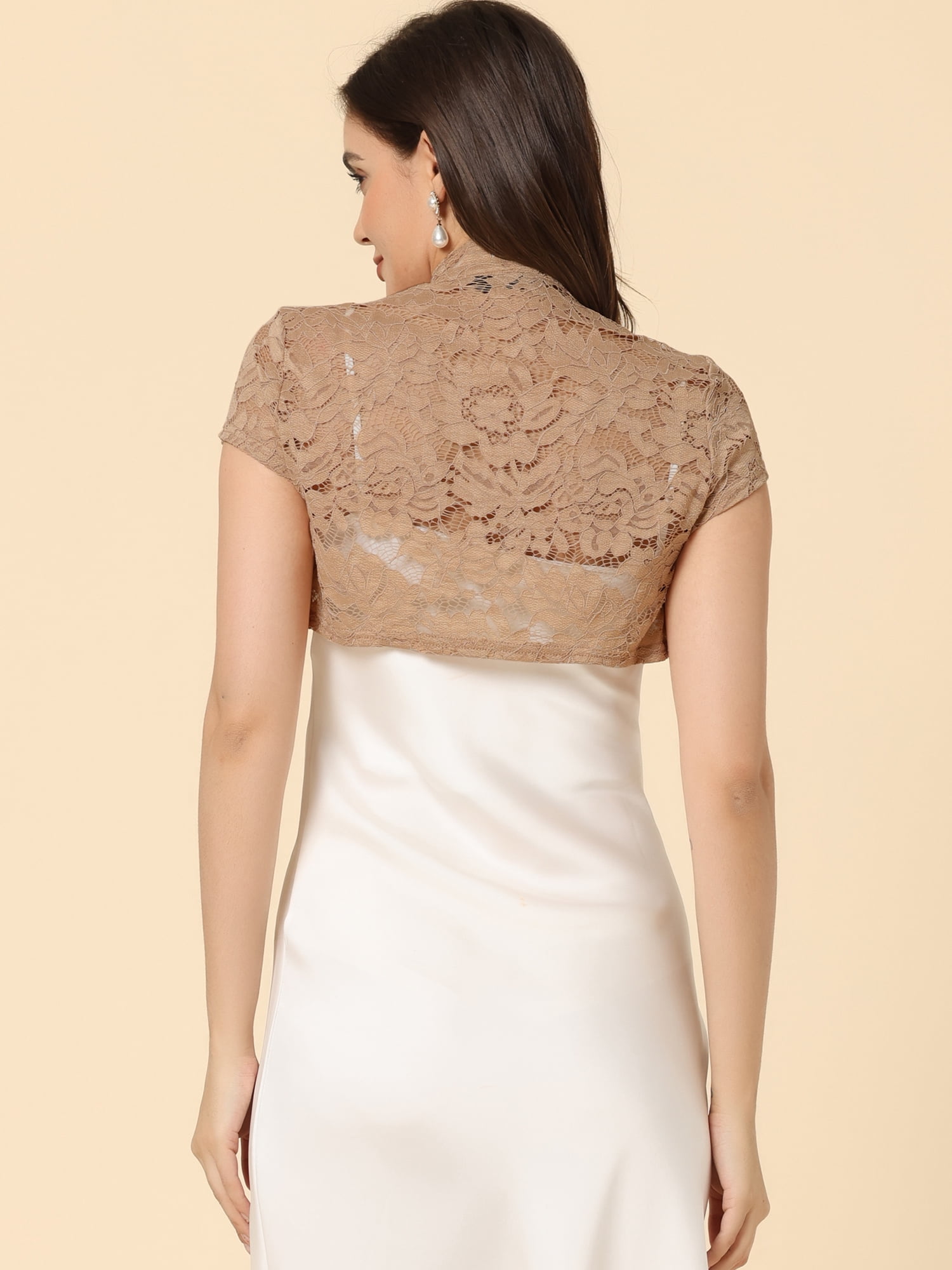 DARING DIVA Lace Cardigan Stand Collar Short Elegant Shrug M Khaki
