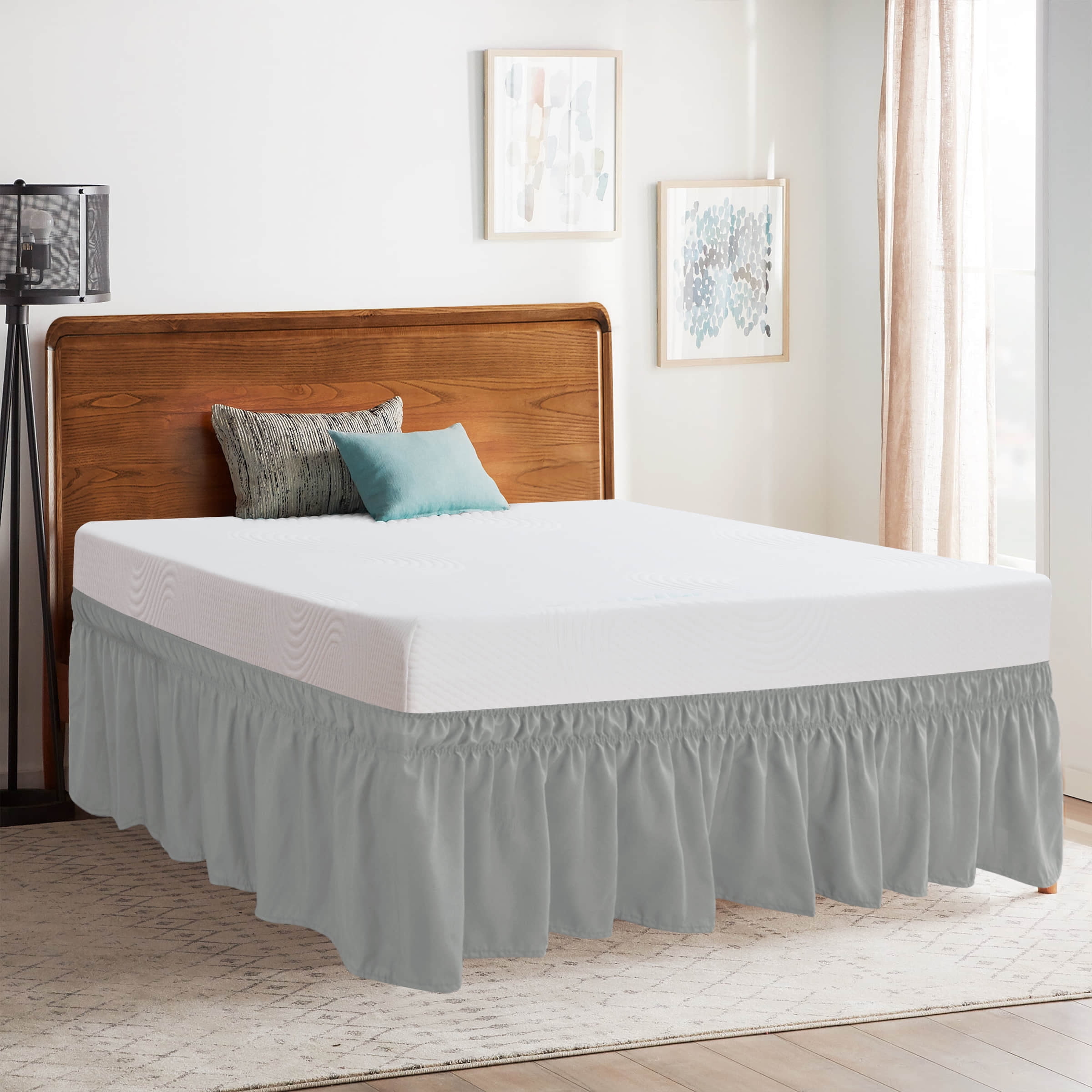 Subrtex Bed Skirt Wrap-Around Dust Ruffle Elastic 16 Inch Bed Cover, Queen, Light Gray
