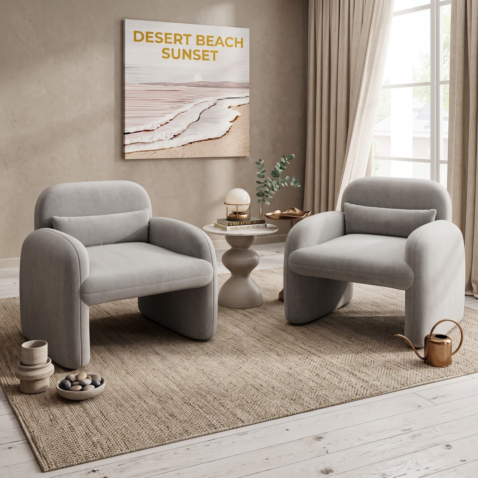 Furnibear Modern Accent Chair with Lumbar Waist Pillow and Cushioned Armrests, Soft Sherpa Upholstered Single Sofa Chair for Bedroom, Living Room, Nursery, Holds, Gray