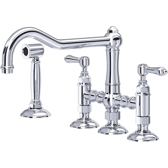 ROHL Italian Kitchen Acqui Three Leg Bridge Faucet with Metal Levers Sidespray And 9" Reach Column Spout In Polished Chrome