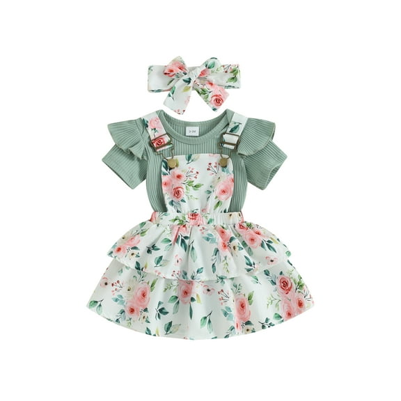 Suealasg Infant Newborn Girls 3Pcs Summer Outfit Short Sleeve Ribbed Rompers Floral Suspender Skirts Headband 3M 6M 12M 18M 24M Baby Girl Clothes Set