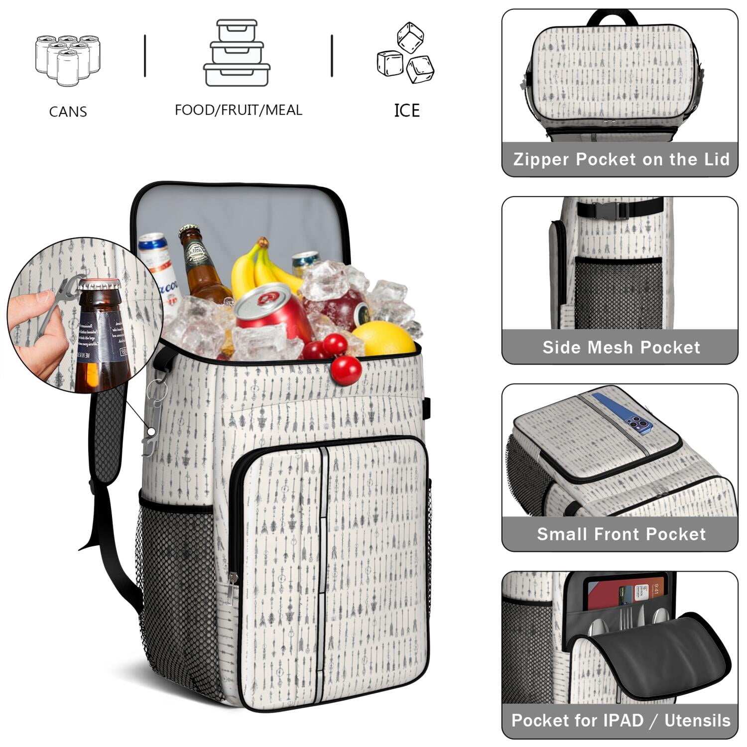 Travel Cooler Bag - Boho Bohemia Pioneer Flower Geometric Line Art Camping Beer Cooler Backpack with Bottle Opener- Waterproof Insulated Picnic Backpacks - Cooler Bag for Beach
