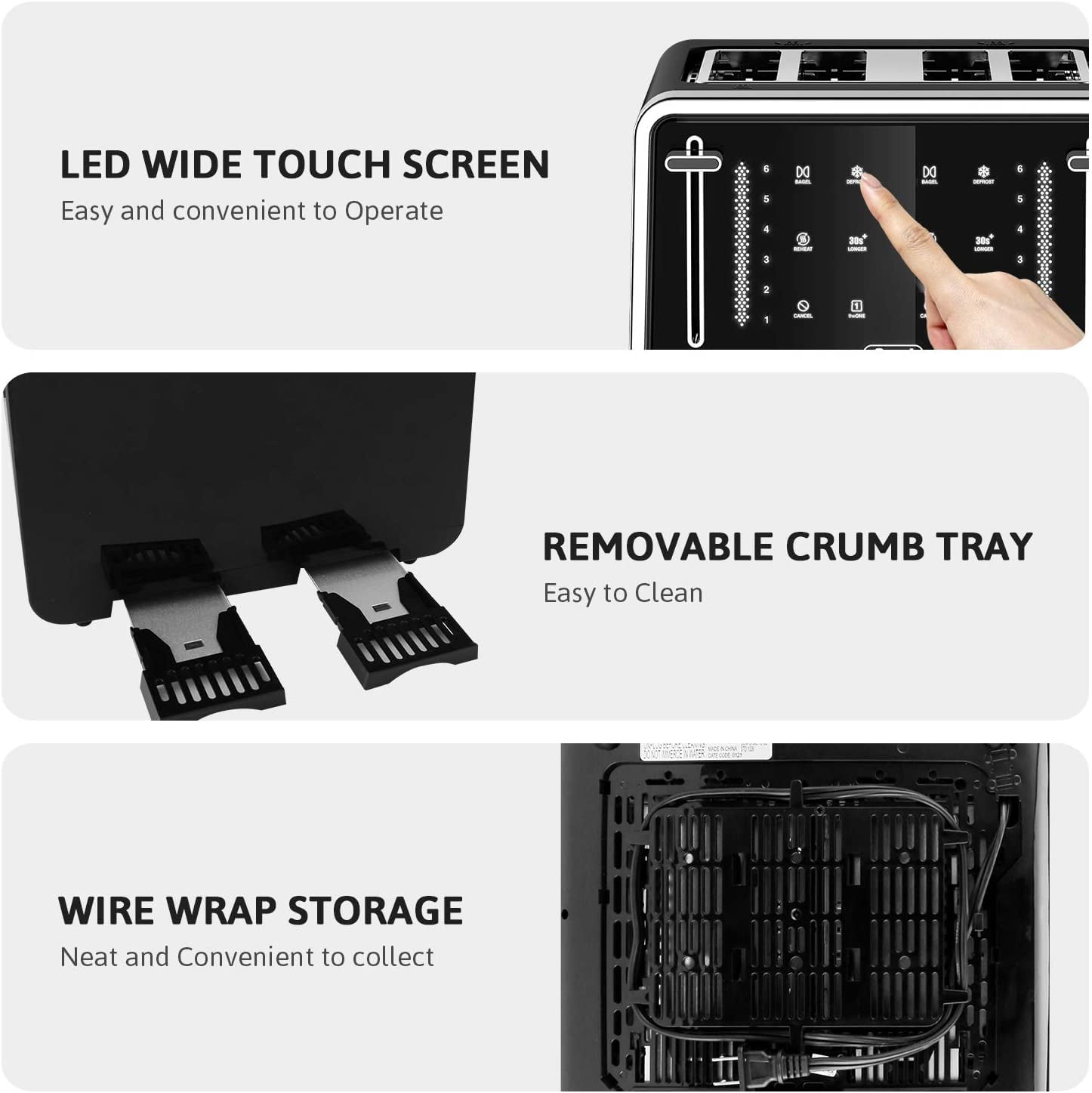 Gevi 4 Slice Toaster LED Digital Touchscreen Extra-Wide Slots Black + Silver