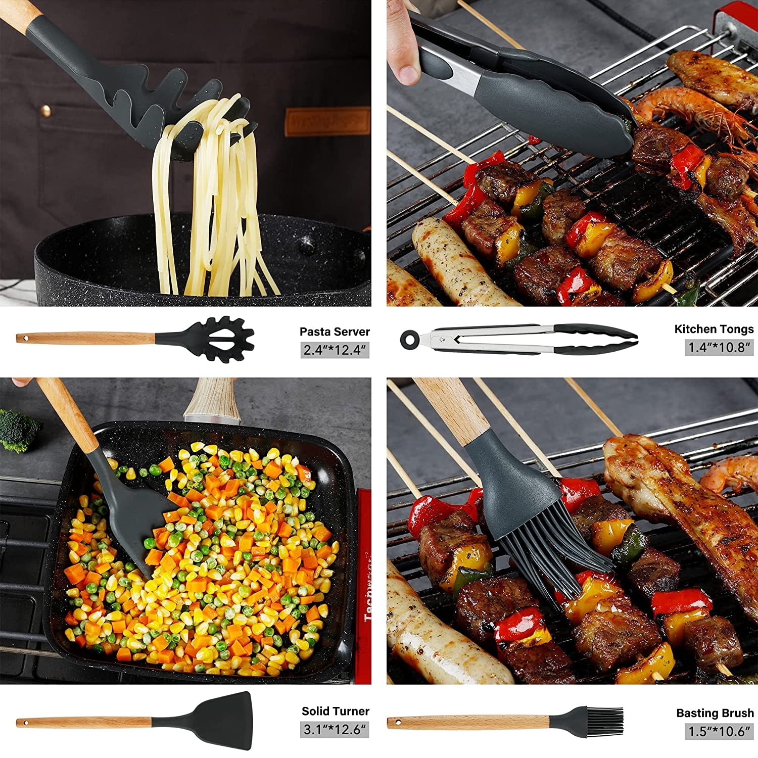 34PCS Silicone Cooking Utensils Set, 446°F Heat Resistant Wooden Handle Cooking Kitchen Utensils Spatula Set with Holder for Nonstick Cookware,Dishwasher Safe (BPA Free),Black