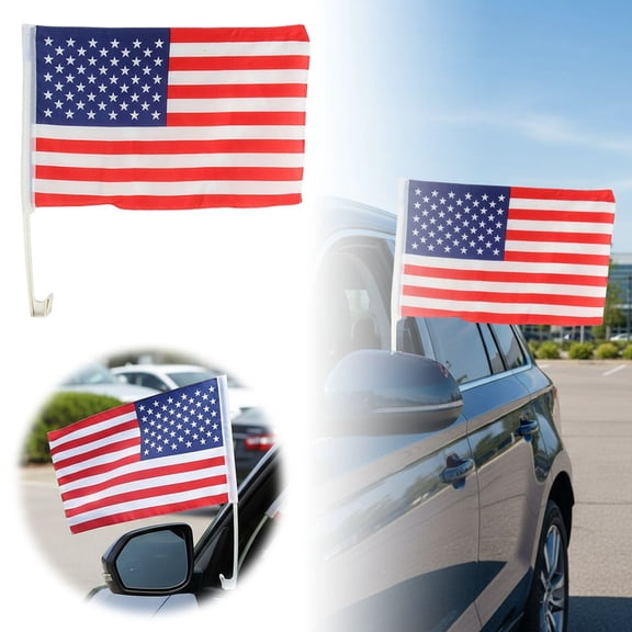 USA Car Window Flag, 17.7"x11.8" Double Sided Patriotic Car Flag with Pole Mount, Universal Clip-On American Flag for Vehicle Exterior Decor, Independence Day Parades, Holiday Celebrations