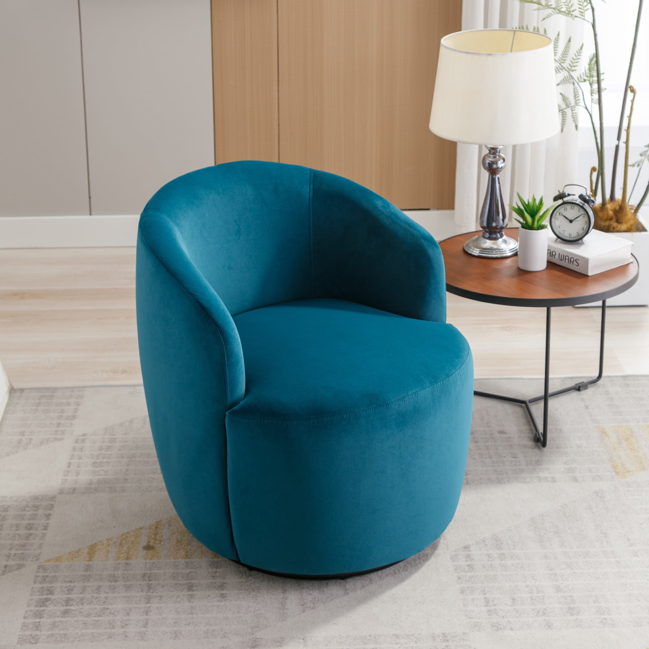 Noble House Arissa 26" Velvet Ergonomic Barrel Armchair, Swivel Reading Chair with Metal Base for Living Room, Teal