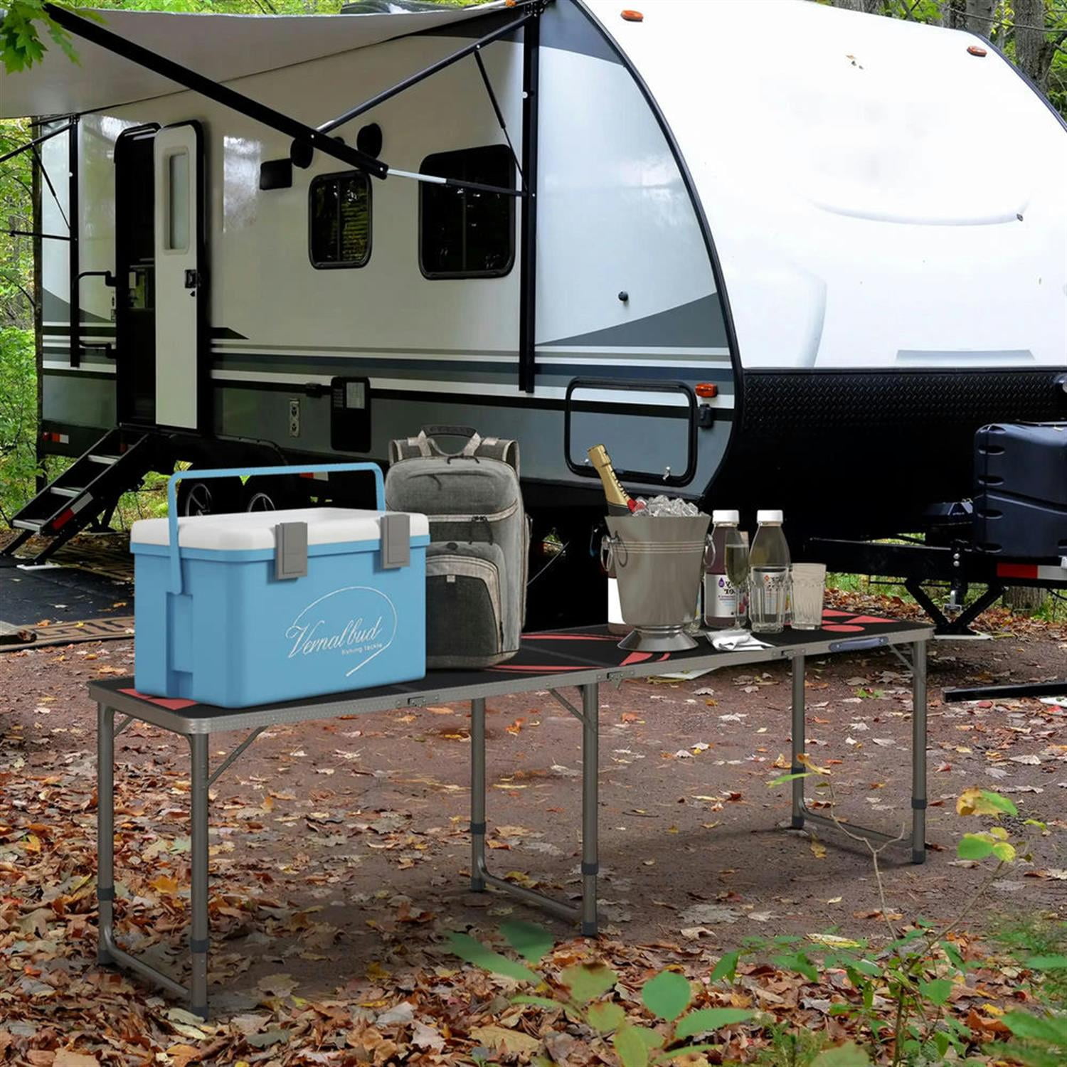 Demi Bonn Outdoor Aluminum Folding Table with Adjustable Legs, 8ft Picnic Table for BBQ, Beach, Hiking, Blue