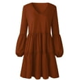 thumbnail image 4 of WNEGSTG Women's Babydoll Dresses Casual V-Neck Flutter Long Sleeve Dress Dating Party Mini Dress Brown, 4 of 7