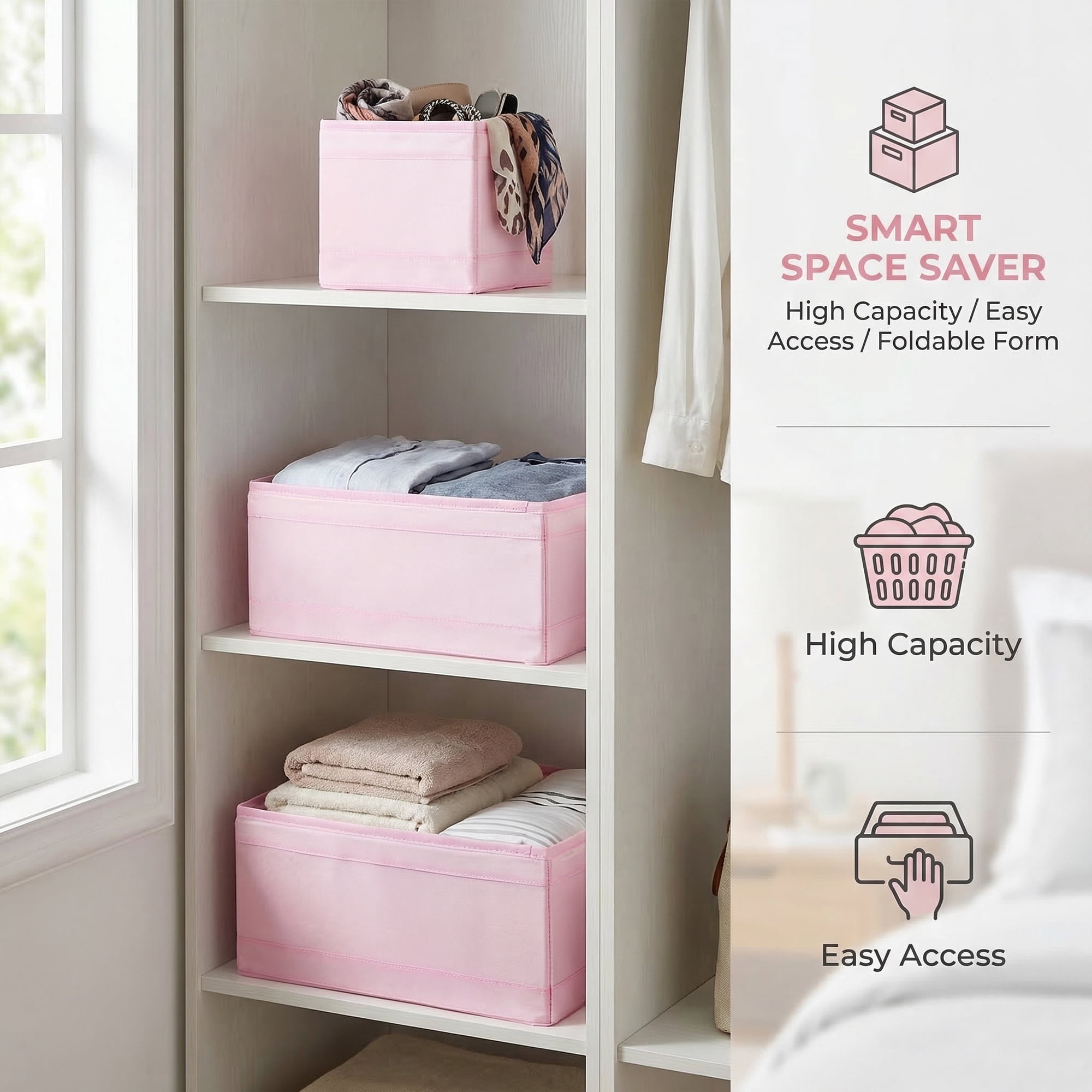 Unique Bargains 3Pcs Fabric Collapsible Storage Basketas with Zipper Pink 3 Pcs