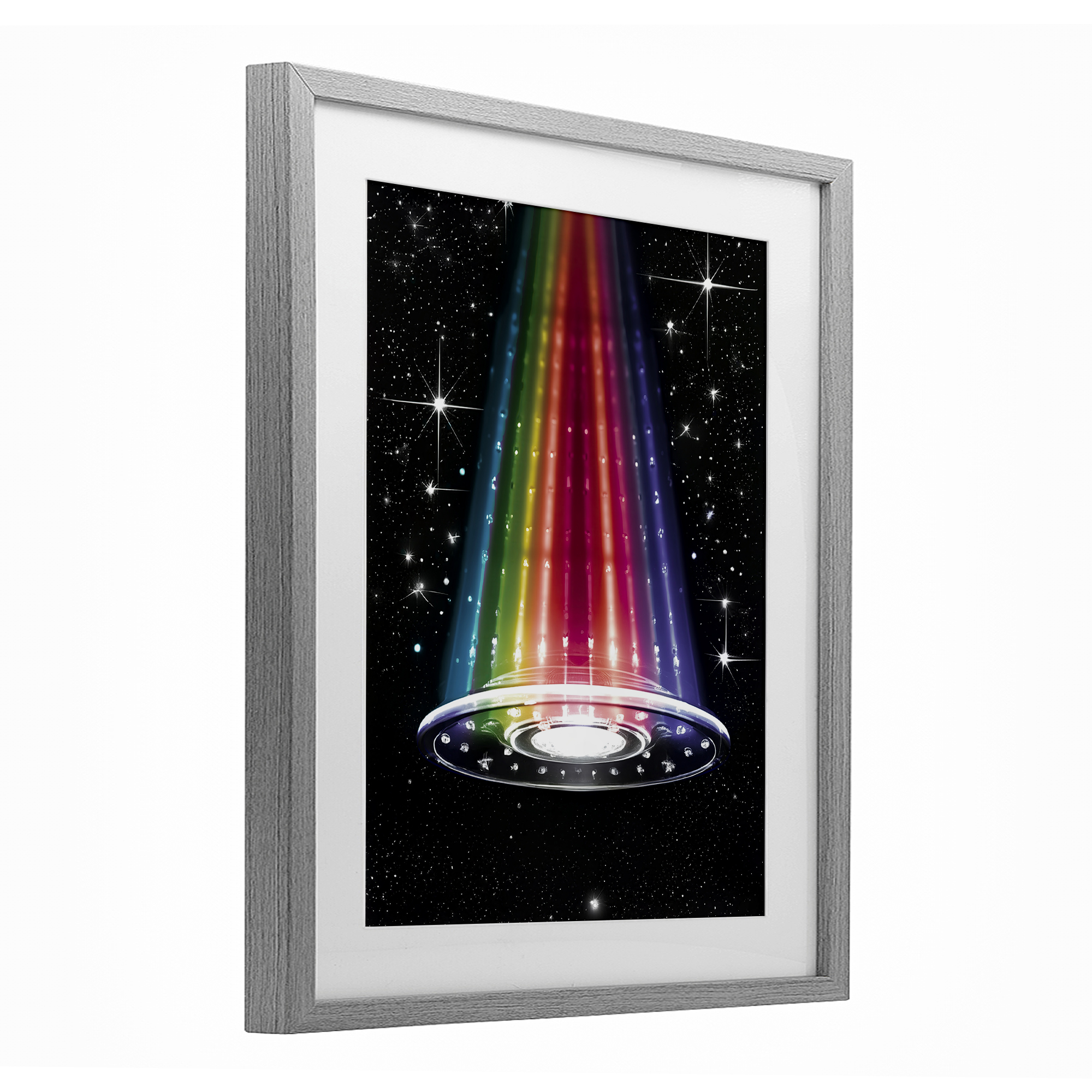 Rainbow Galaxy UFO Gray Framed Print Under Glass, design by Sasha