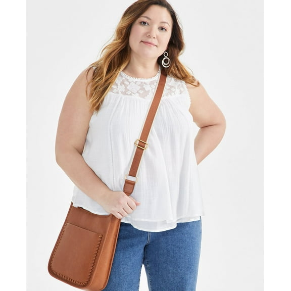Style & Co Plus Size Sleeveless Embroidered Mesh Tank Top, Shiitake, Size 2X