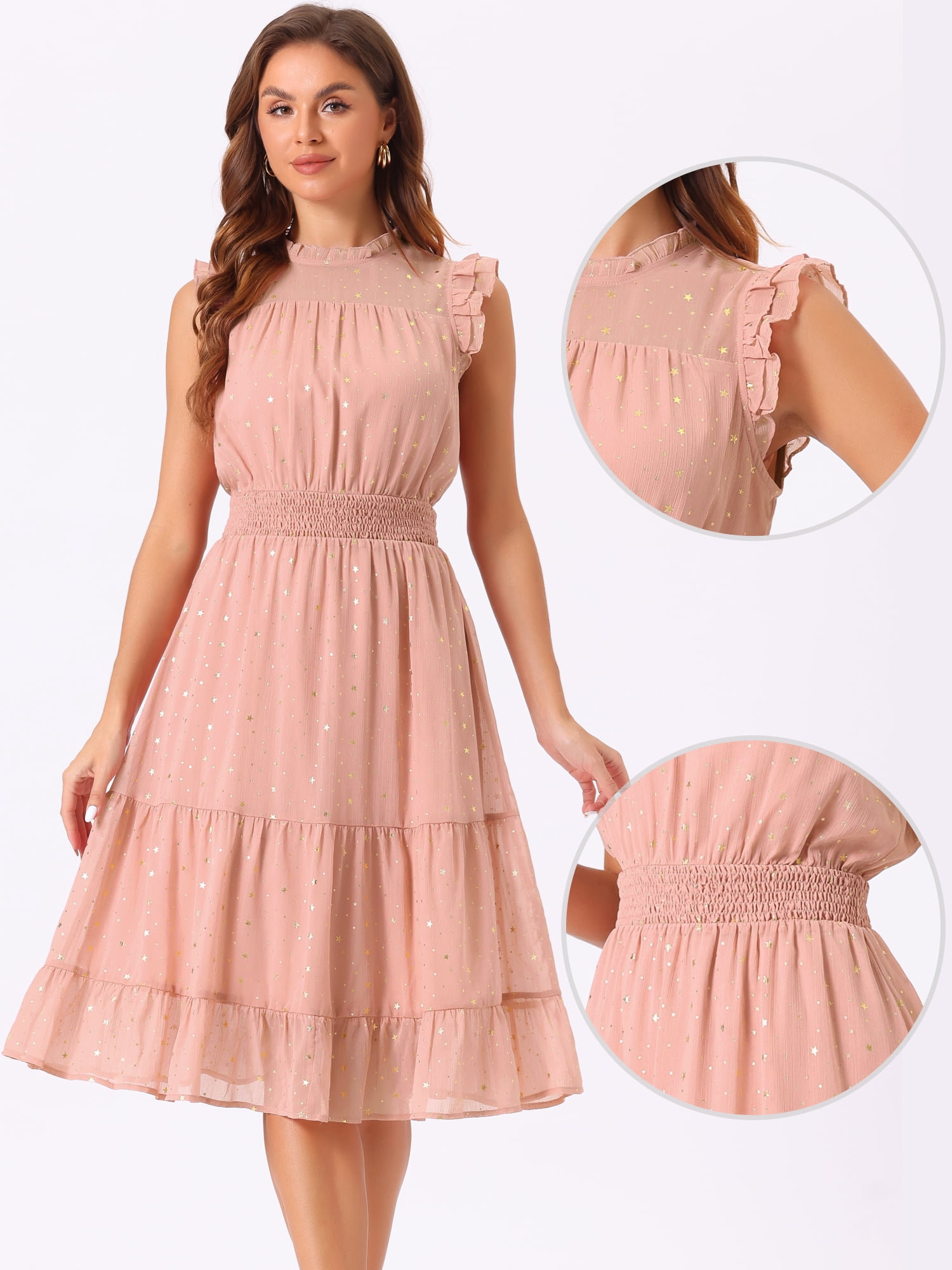DARING DIVA Smocked Waist Gilding Metallic Stars Chiffon Dress XS Dusty Pink