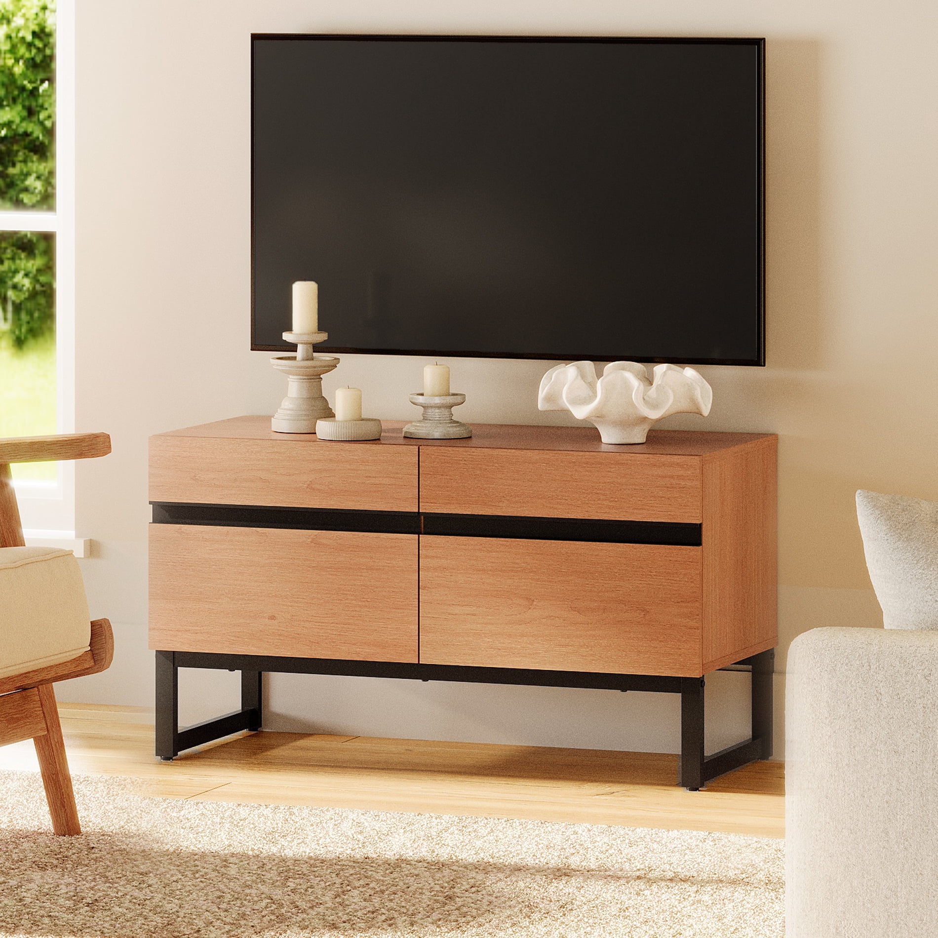Modern 3-Piece Living Room Set, 35 Inch TV Stand And 2 End Table Sets With Drawers, Media Console with Storage Shelves, Sturdy Wood Frame & Metal Legs, Contemporary Furniture for Living Room,Mocha