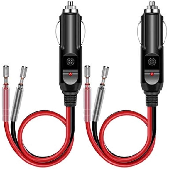 Cigarette Lighter Male Plug 12V Fused Replacement 2 Pack, Male Cigarette Lighter Plug Adapter with Leads & LED Light, 12v Plug Connector Socket 1FT 16AWG Extension Cable with 15A Fuse