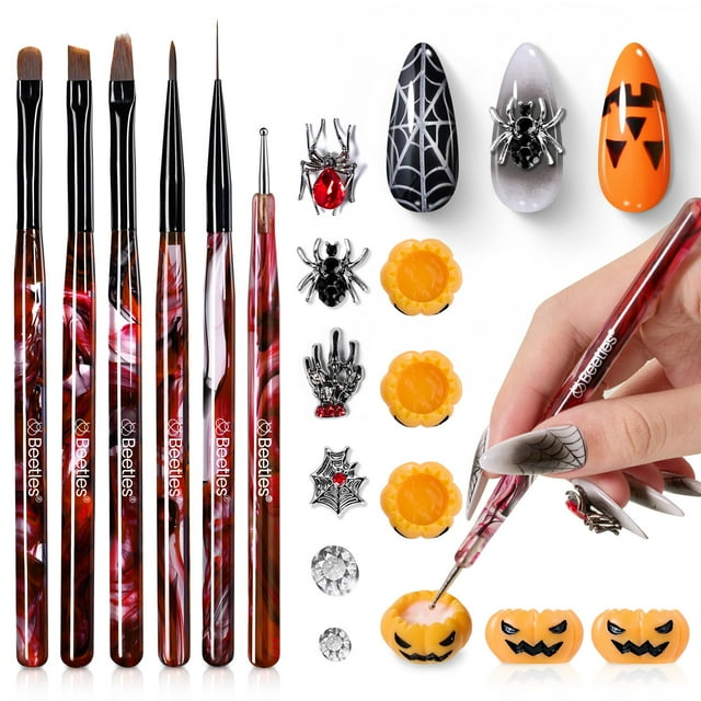 Juego de 6 pinceles para decoración de uñas con forma de escarabajos en gel para Halloween