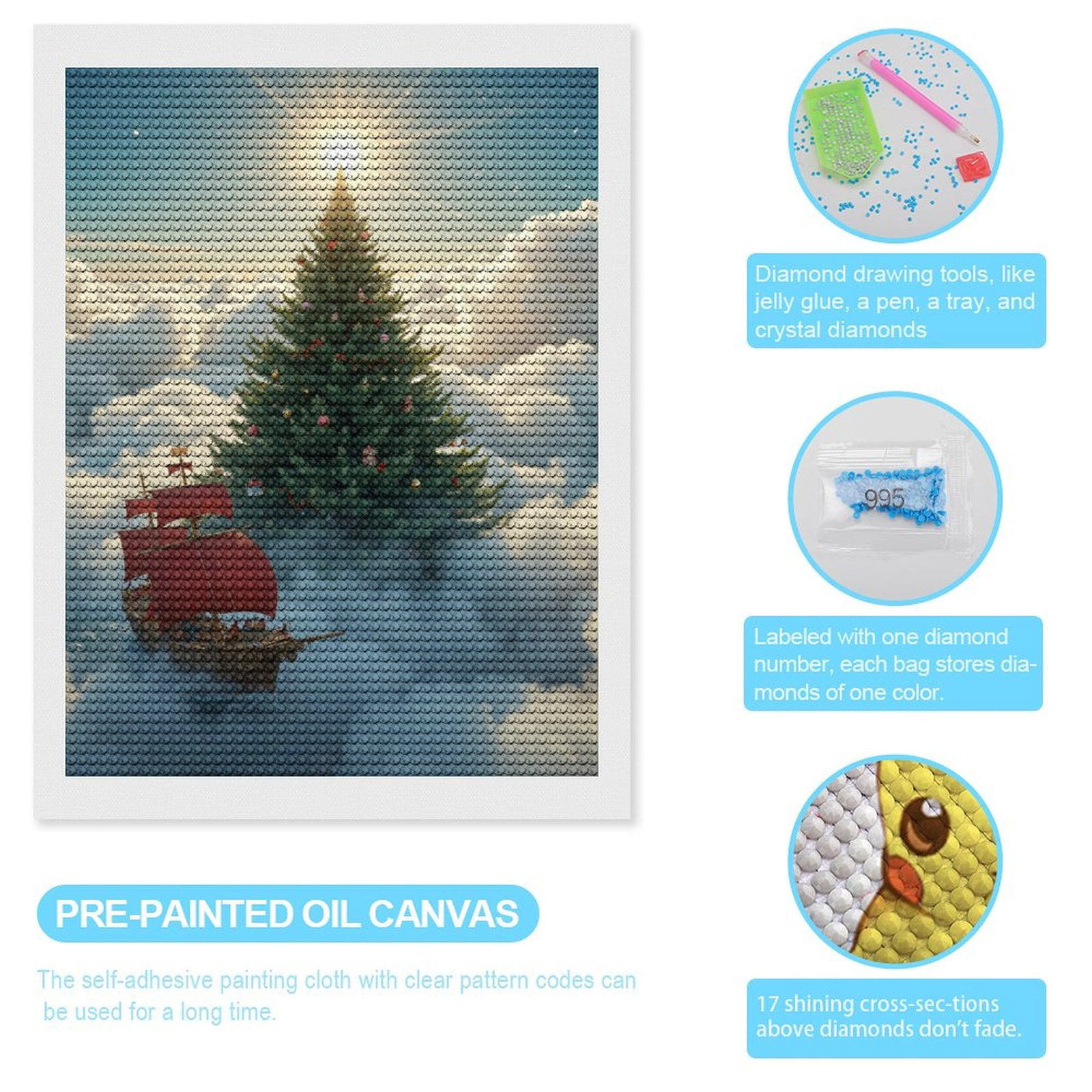 Diamond Art Kits for Adults, Red Sails Large Tree Clouds Sky 5D Diamond Painting Kits for Adults Beginners, DIY Full Drill Diamond Painting, Gem Art and Crafts 12x16